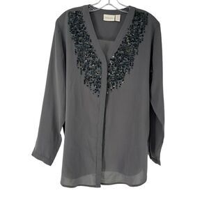 Chicos Top Gray V Neck Button Up Iridescent Sequin Embellished Size 0 US Small